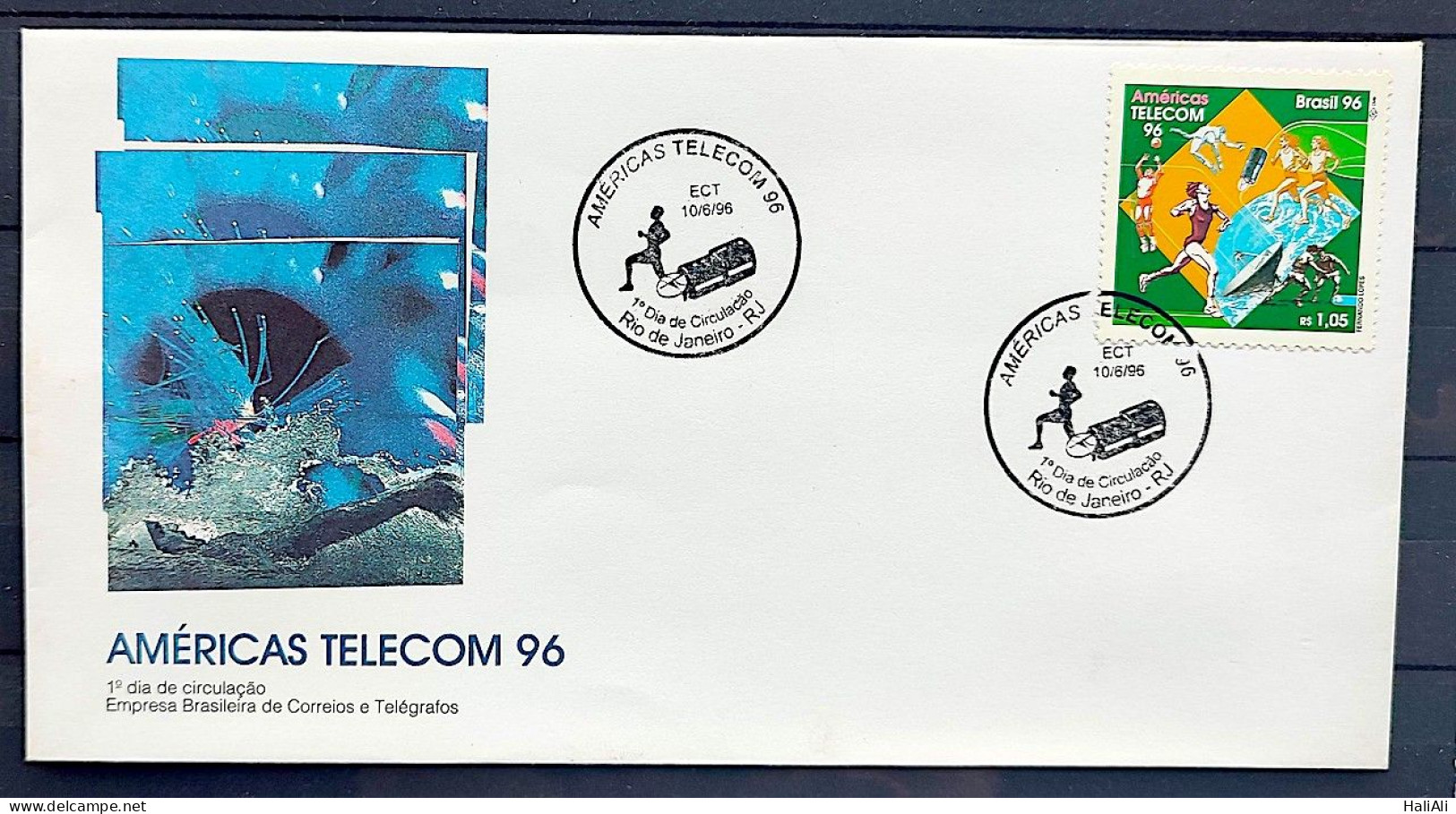 Brazil Envelope FDC 677 1 96 Americas Telecom Communications Satelite Swimming Football Volleyball CBC RJ - FDC