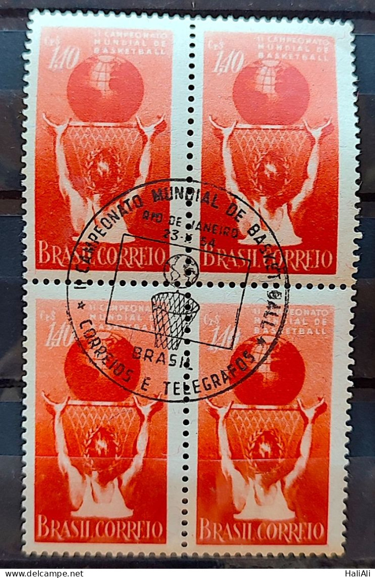 C 353 Brazil Stamp World Basketball Championship Map 1954 Block Of 4 CBC RJ - Unused Stamps