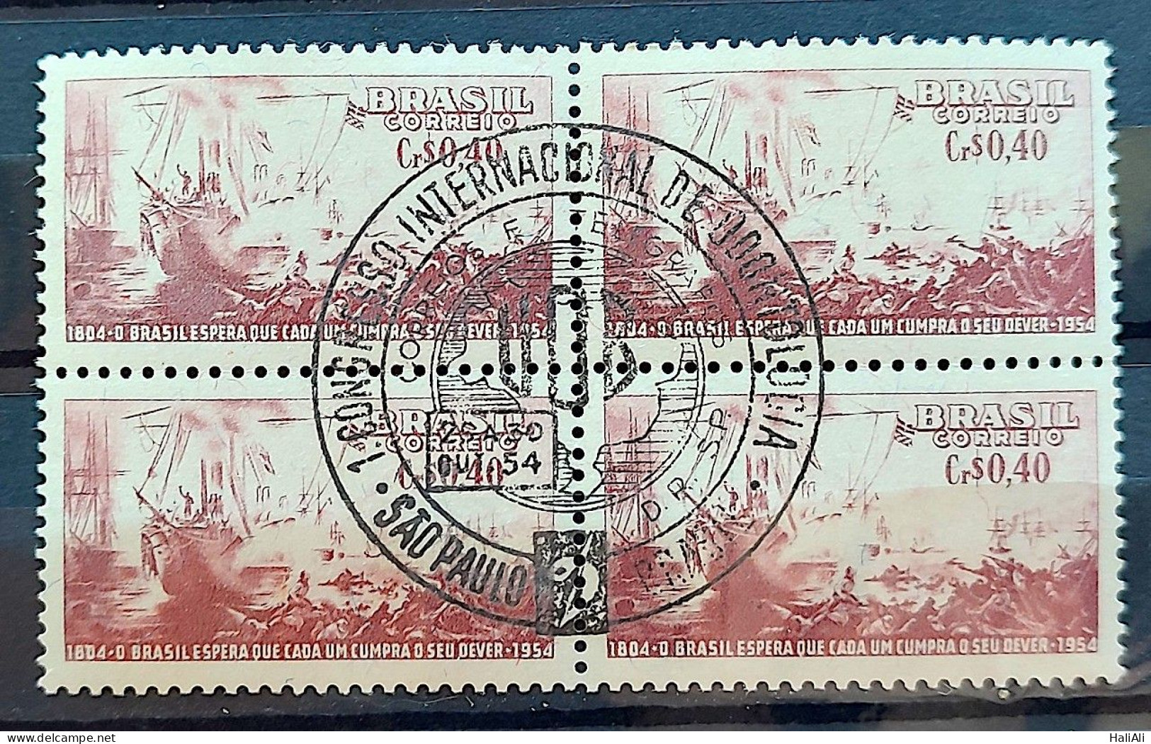 C 348 Brazil Stamp SesquiCentenary Almirante Barroso Riachuelo Military Ship 1954 Block Of 4 CBC SP - Neufs