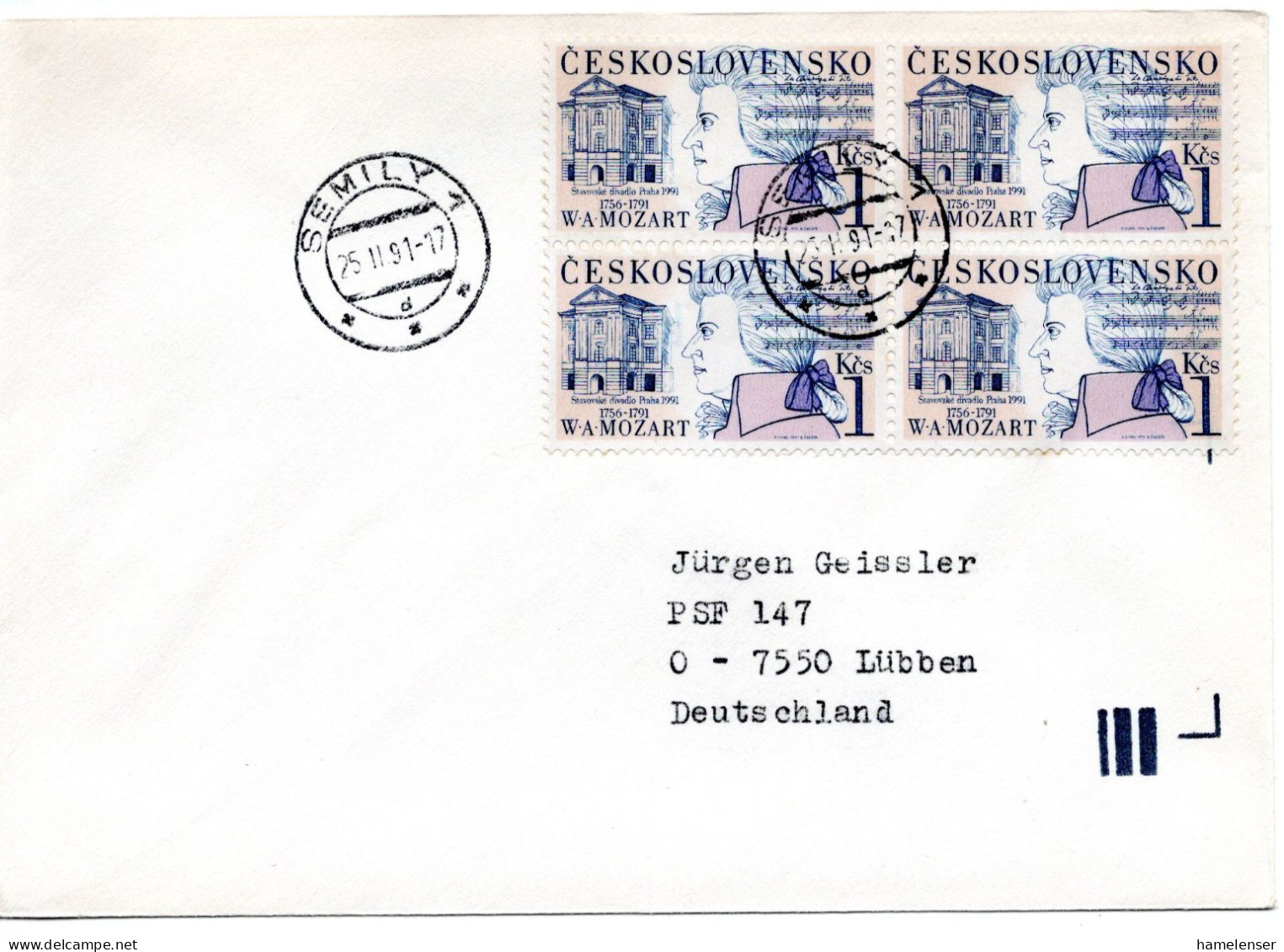 64267 - Tschechoslowakei - 1991 - 1Kcs Mozart 田 A Bf SEMILY -> Deutschland - Musique