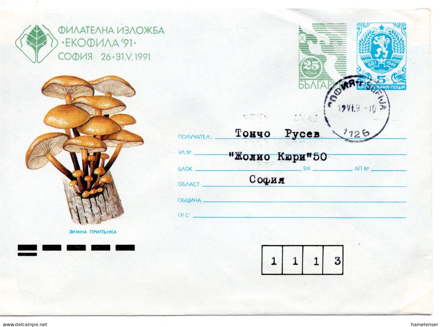 64268 - Bulgarien - 1991 - 5&25St GAU Pilze Als OrtsBf SOFIJA - Hongos