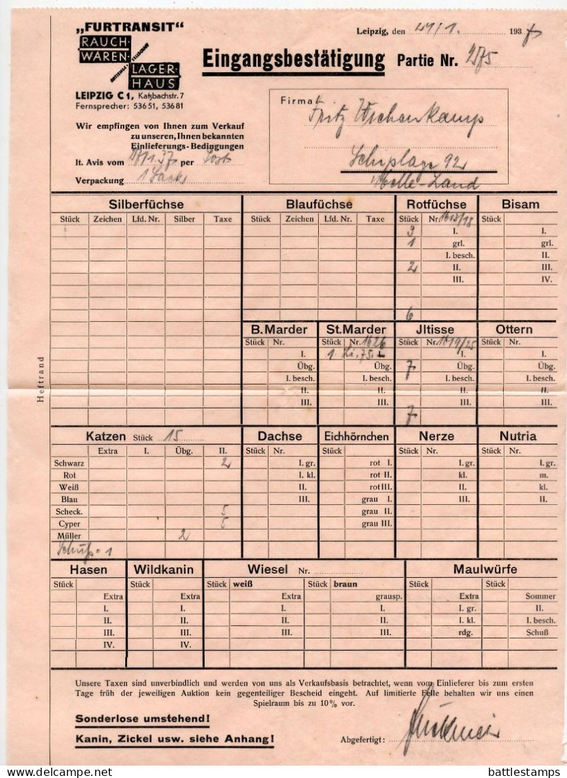 Germany 1937 Cover & Eingangsbestätigung; Leipzig - FUR-TRANSIT, Rauchwaren-Lagerhaus-Aktiengesellschaft; 4pf Hindenburg - Covers & Documents