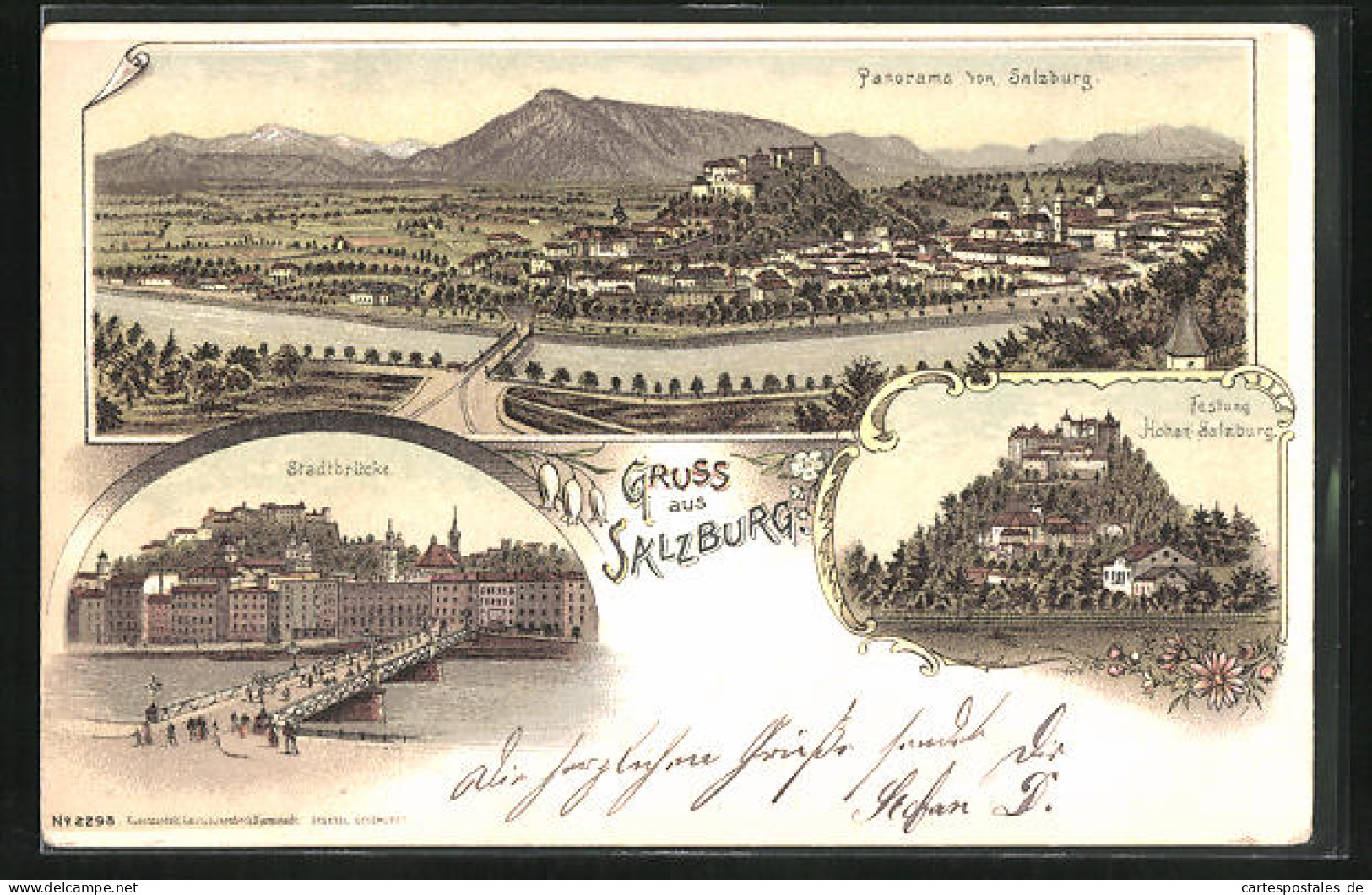 Künstler-AK Salzburg, Panorama, Festung Hohen-Salzburg, Stadtbrücke  - Autres & Non Classés