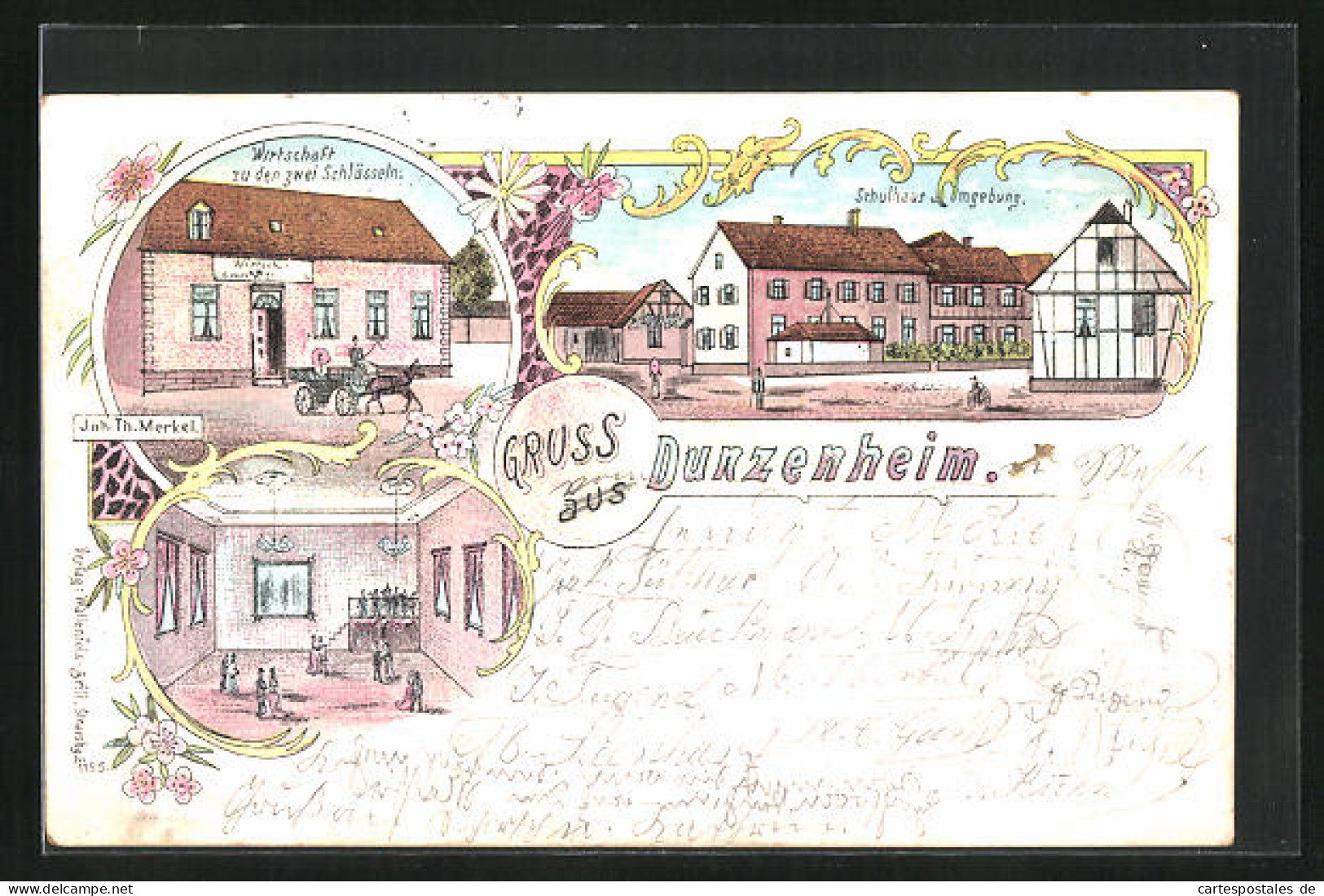 Lithographie Dunzenheim, Gasthaus Z. Den Zwei Schlüsseln, Schulhaus  - Autres & Non Classés