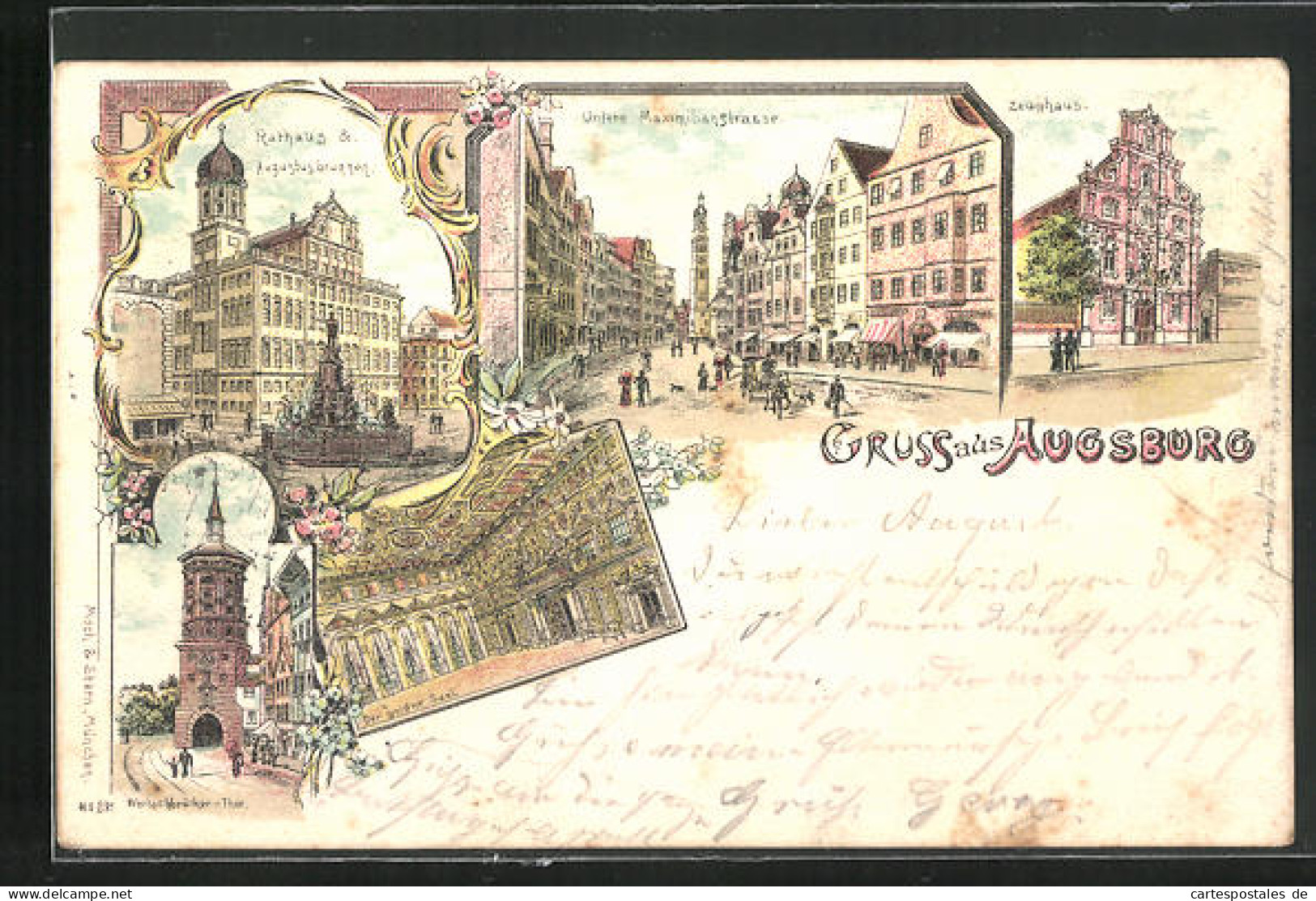 Lithographie Augsburg, Untere Maximilianstrasse, Zeughaus, Der Goldne Saal  - Augsburg