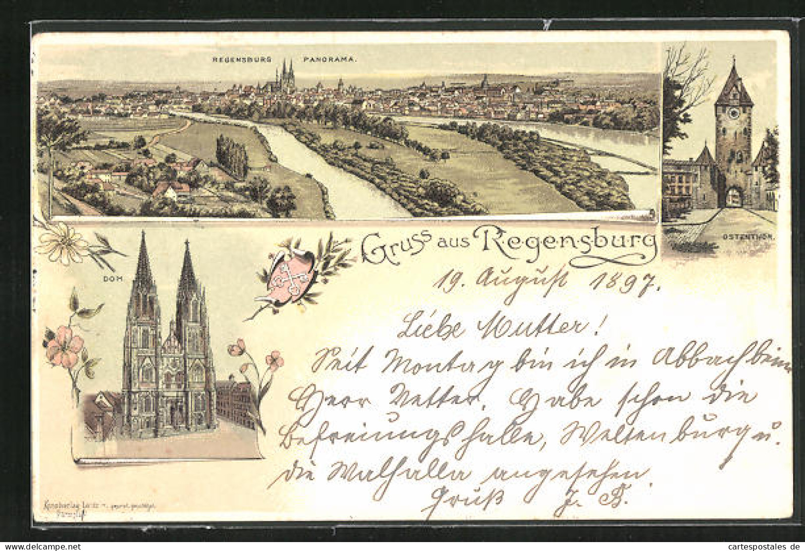 Lithographie Regensburg, Panorama, Dom, Ostentor  - Regensburg