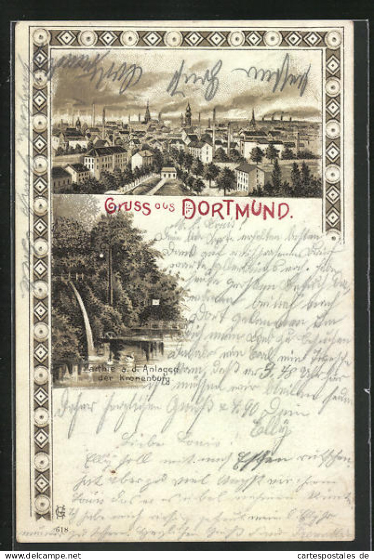 Lithographie Dortmund, Blick über Die Stadt, Anlagen Der Kronenburg  - Dortmund
