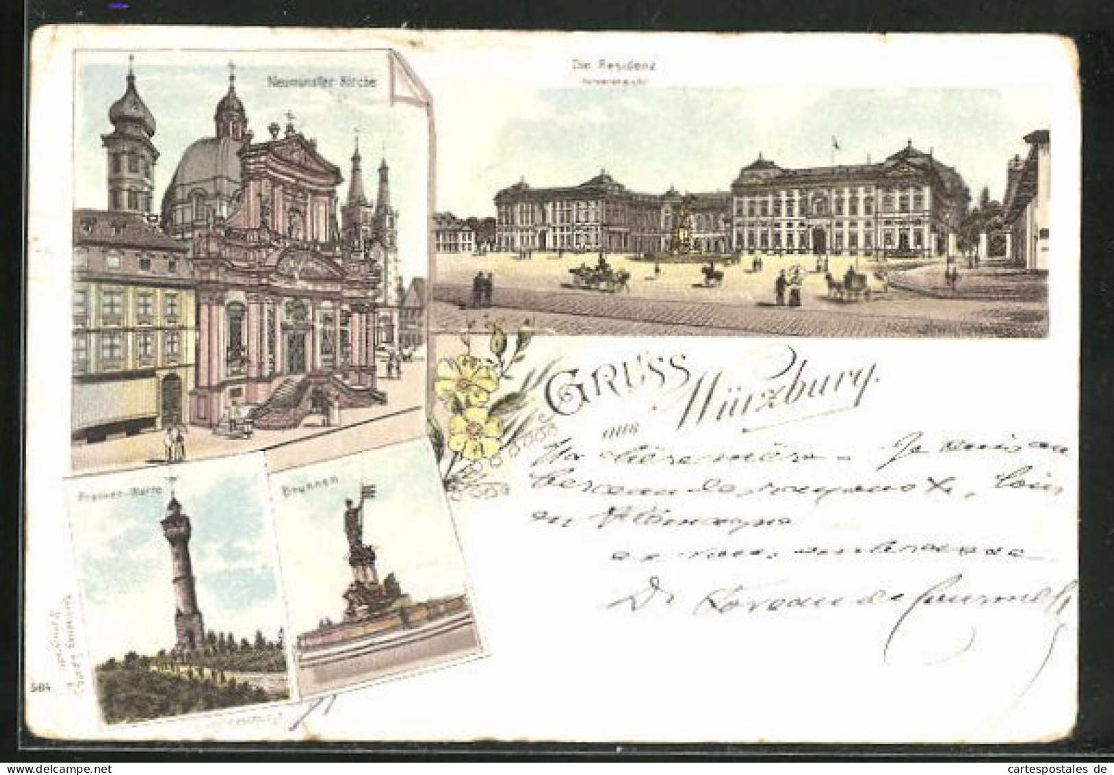 Lithographie Würzburg, Residenz, Neumünster Kirche, Franken-Warte  - Wuerzburg