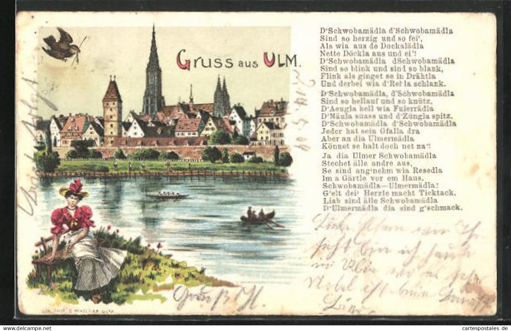 Lithographie Ulm, Uferpartie Mit Kirche  - Ulm