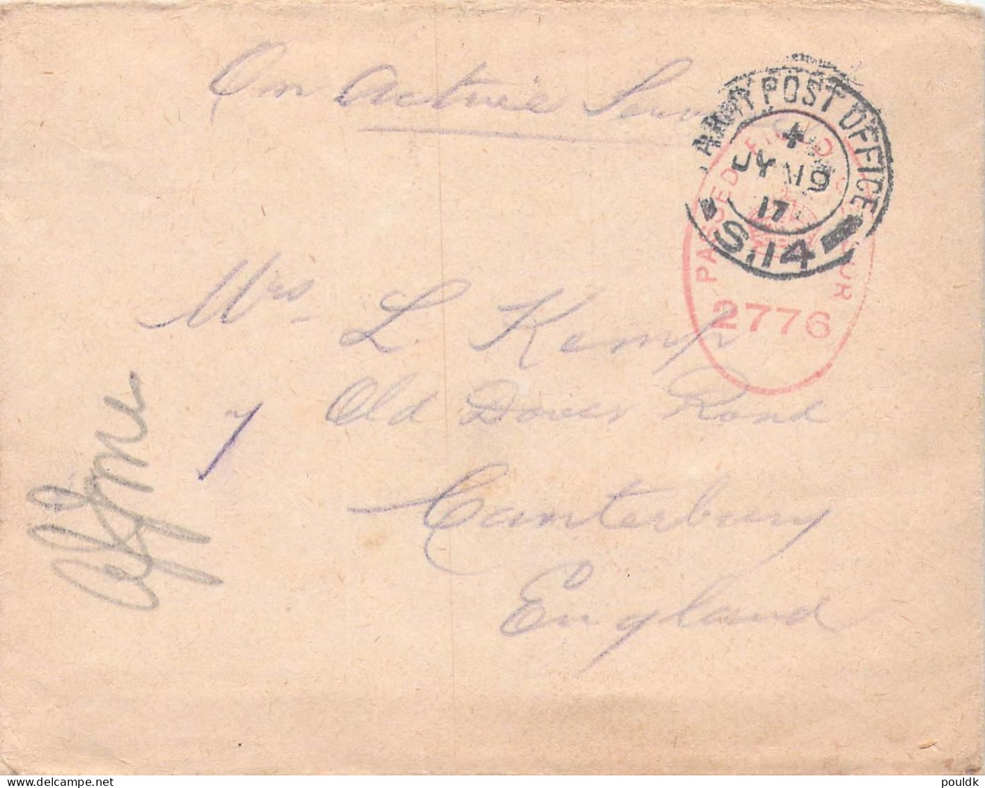 British Field Post WW 1 From Calais, France - Unit Located Around Calais Censored CM5 Cover Posted Army Post Office S.14 - Militaria