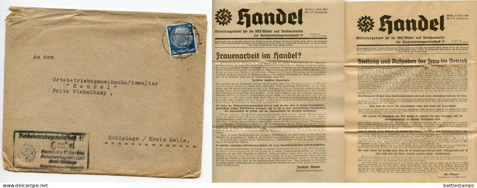 Germany 1935 Cover & Bulletins Of Handel; Melle - Reichsbetriebsgemeinschaft To Schiplage; 4pf Hindenburg - Covers & Documents