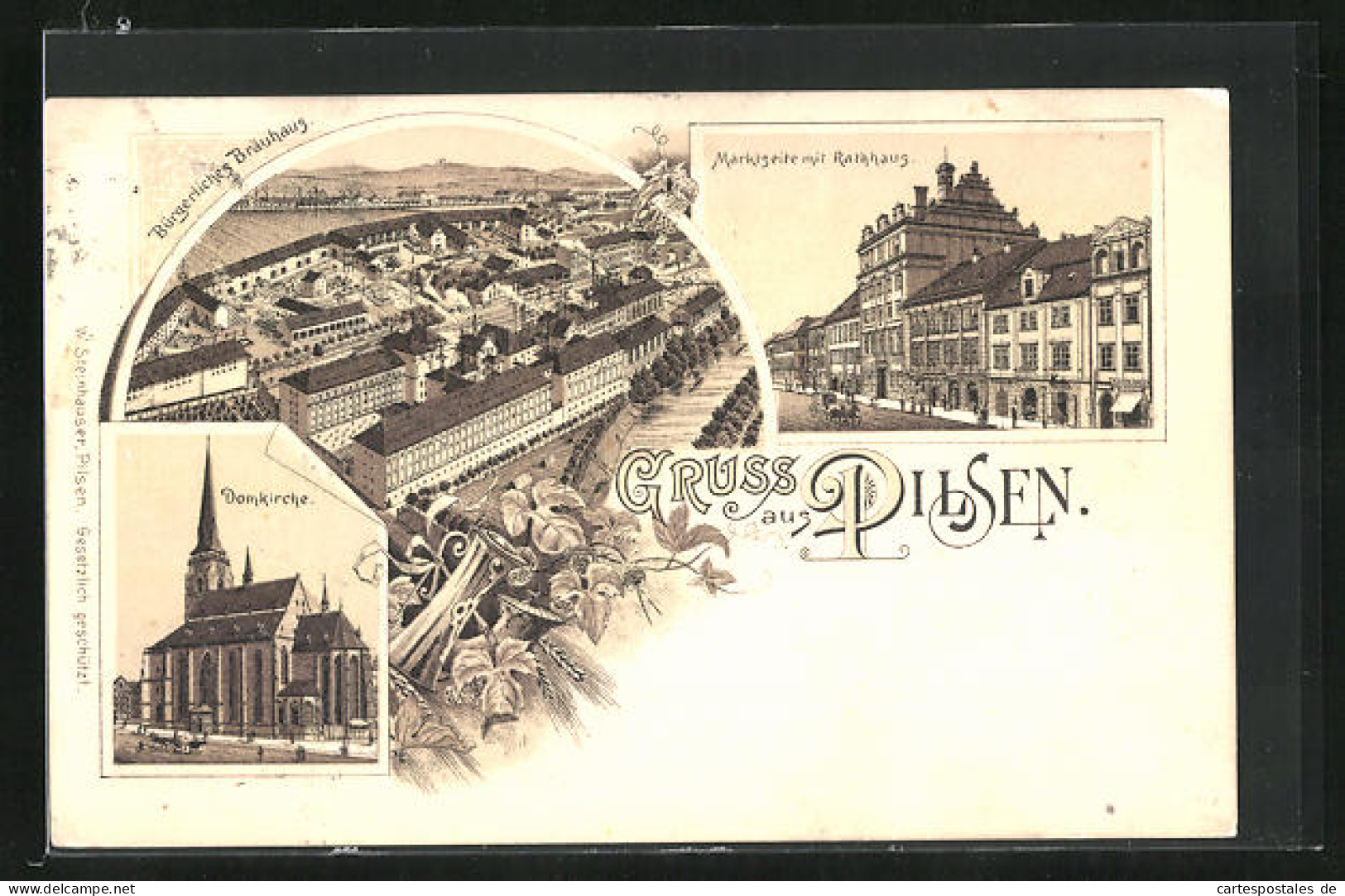 Lithographie Pilsen /Plzen, Gasthof Bürgerliches Bräuhaus, Domkirche, Marktseite Mit Rathaus  - Czech Republic