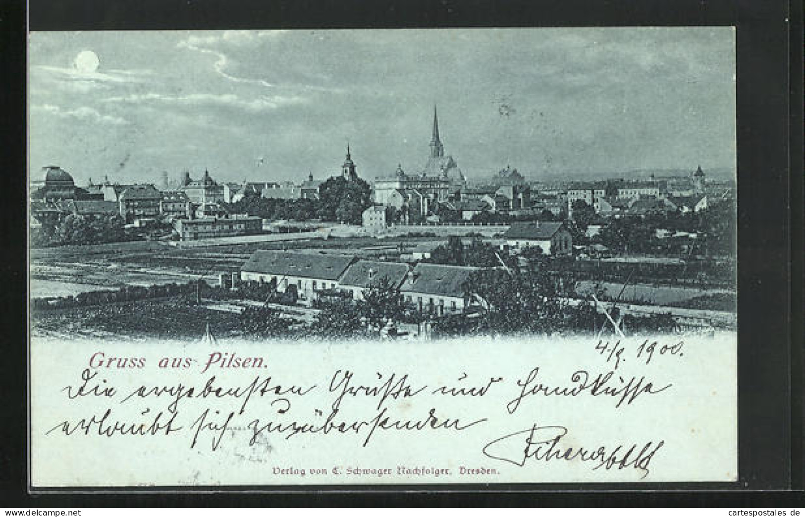 Mondschein-AK Pilsen, Panorama Mit Kirche  - Czech Republic