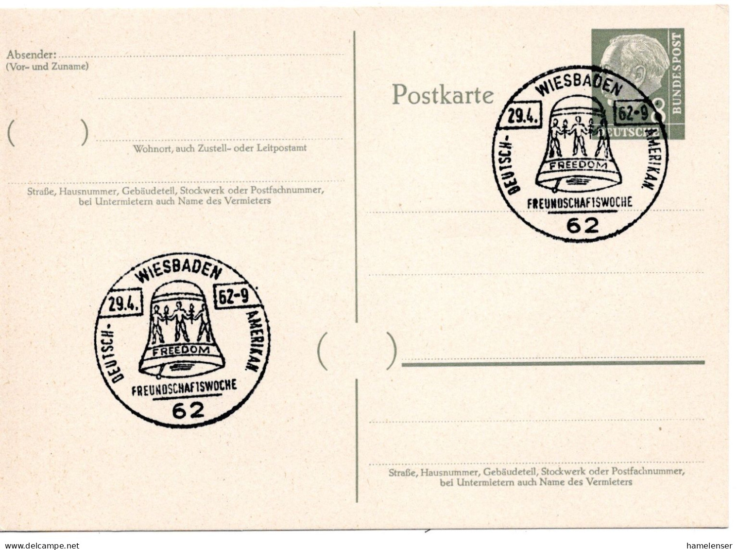 64292 - Bund - 1962 - 8Pfg Heuss I GAKte SoStpl WIESBADEN - DEUTSCH-AMERIKAN. FREUNDSCHAFTSWOCHE - Brieven En Documenten