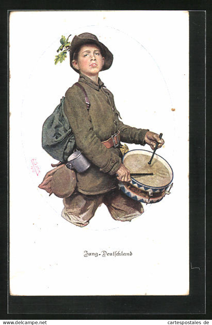 Künstler-AK Junge In Grüner Uniform Beim Trommel Spielen  - War 1914-18