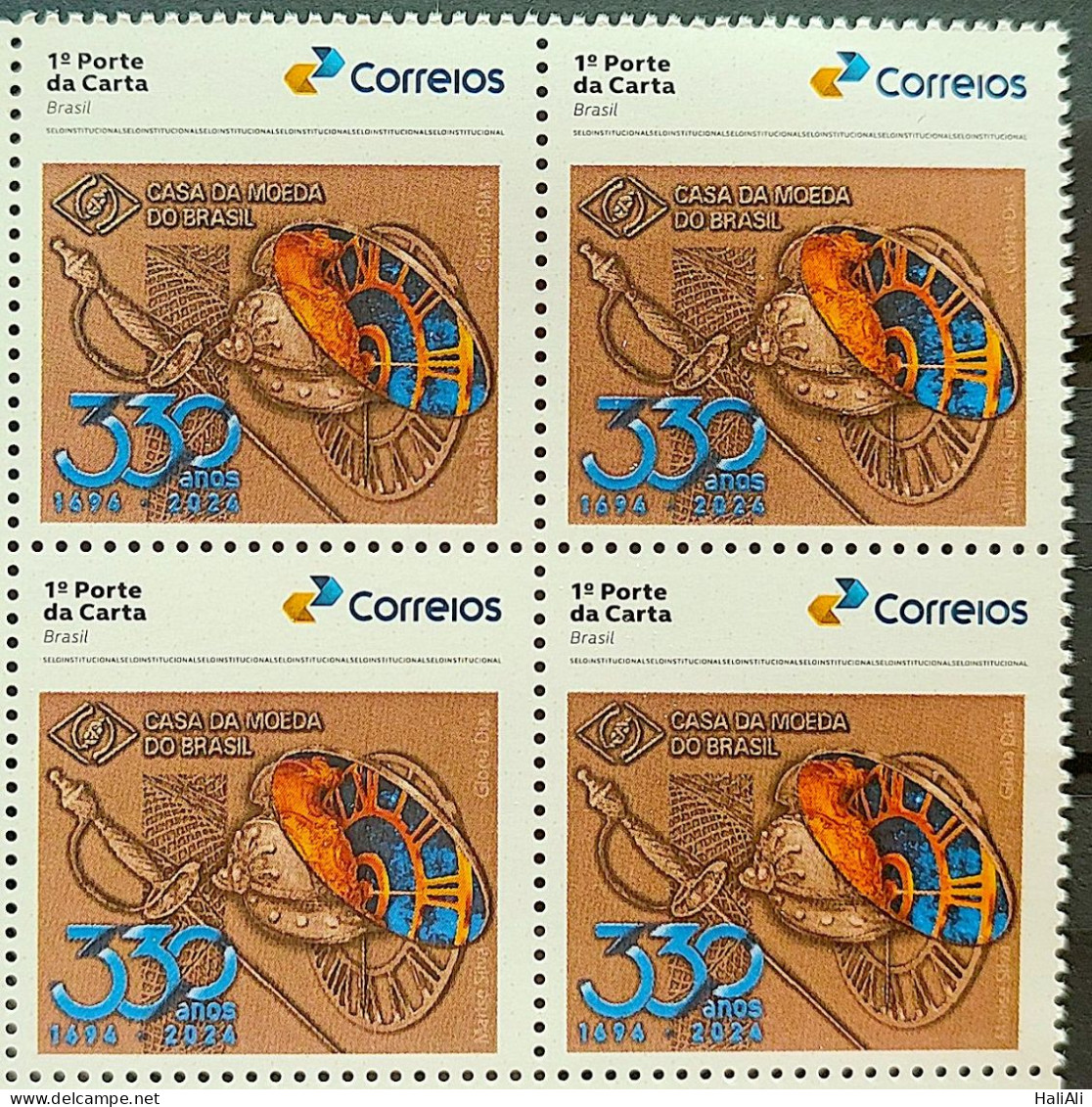 SI 18 Brazil Institutional Stamp Mint Helmet Sword Money Watch 2024 Block Of 4 - Gepersonaliseerde Postzegels