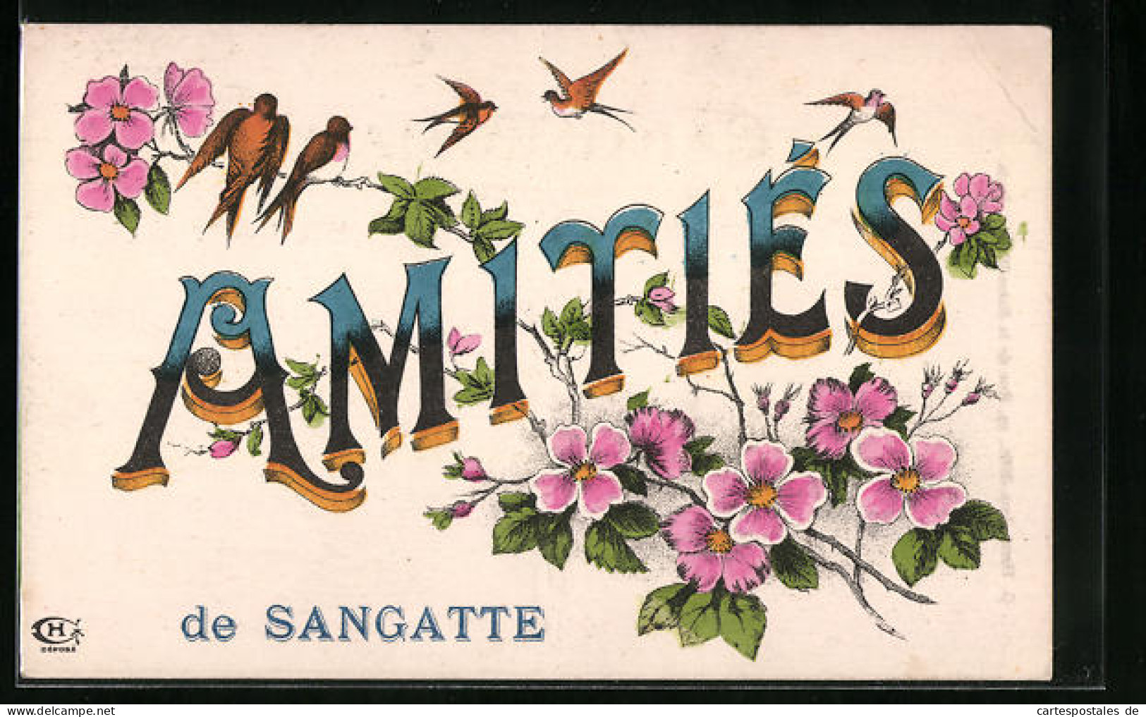 CPA Sangatte, Freundesgruss Avec Des Fleurs Et Hirondelles  - Sangatte