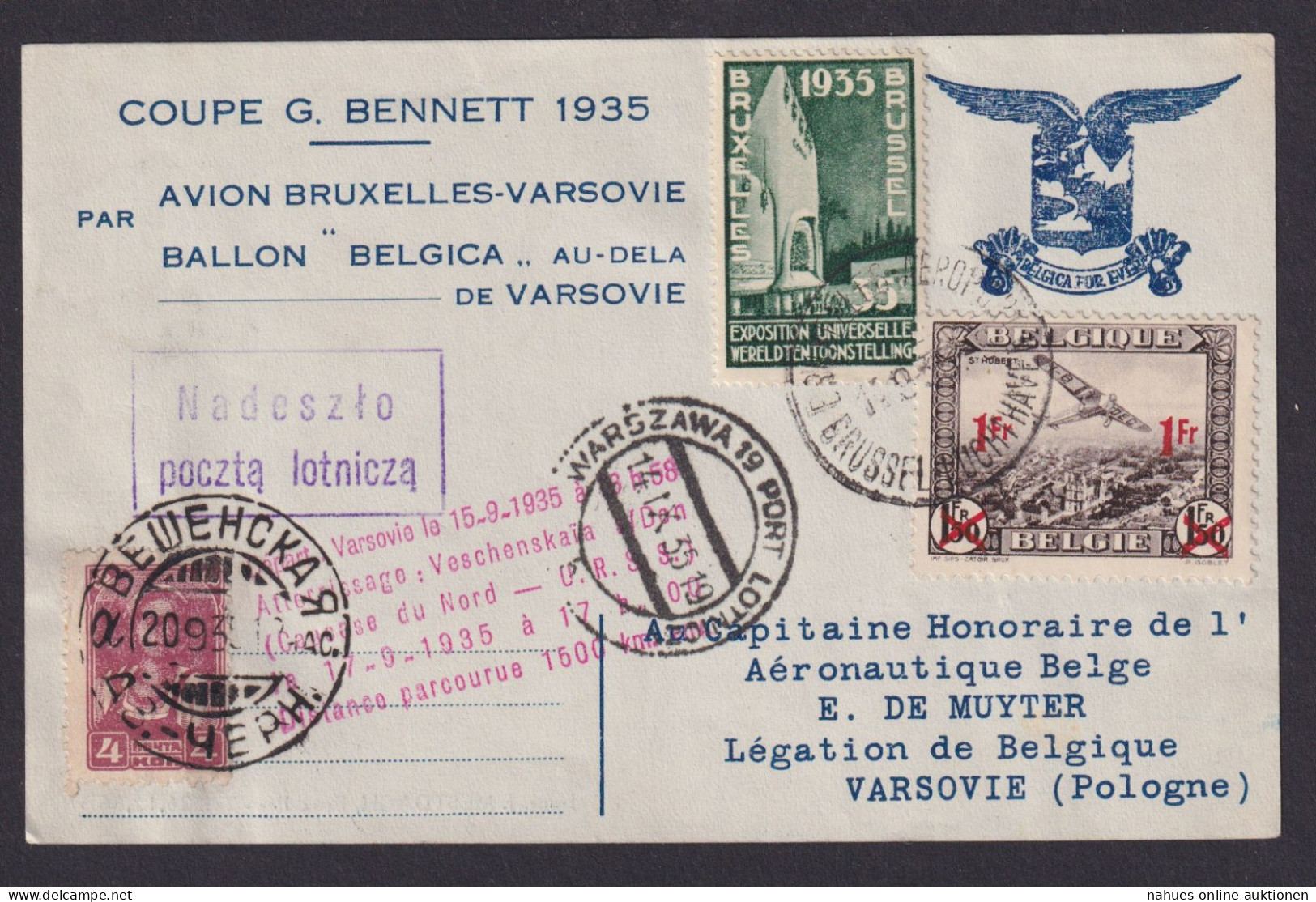 Flugpost Brief Air Mail Ballonpost Coupon Gordon Bennett Flug Brüssel - Warschau - Avions