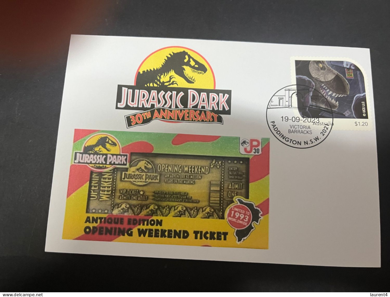 13-5-2024 (45 Z 2) Australian Personalised Stamp Isssued For Jurassic Park 30th Anniversary (Dinosaur) - Prehistorics