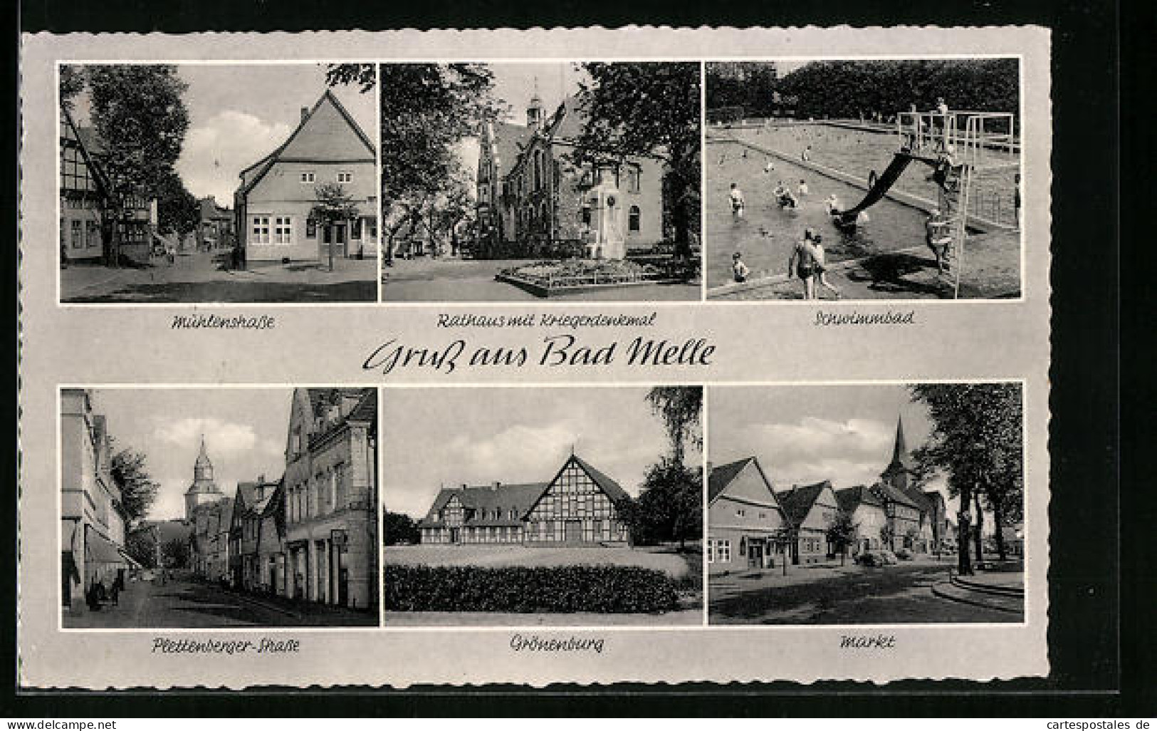AK Bad Melle, Mühlenstrasse, Rathaus Mit Kriegerdenkmal, Schwimmbad, Plettenberger Strasse, Grönenburg, Markt  - Melle