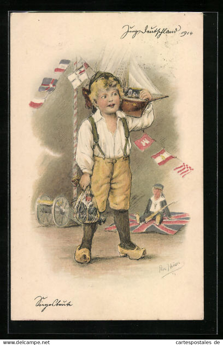 Künstler-AK Sign. Paul Heydel: Kinder Kriegspropaganda, Junge Mit Siegesbeute  - Weltkrieg 1914-18