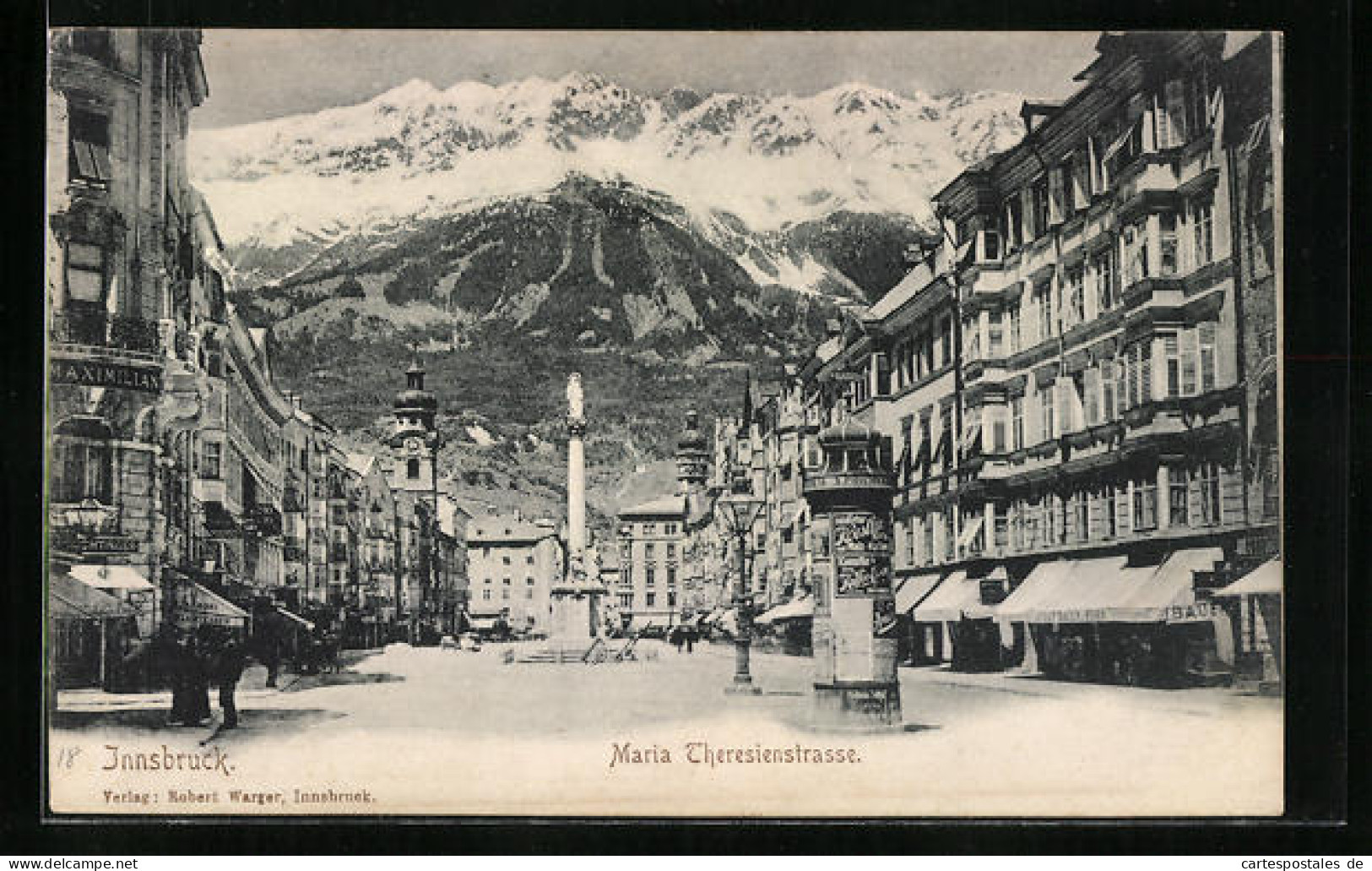 AK Innsbruck, Maria Theresienstrasse Mit Geschäften Und Litfasssäule  - Autres & Non Classés