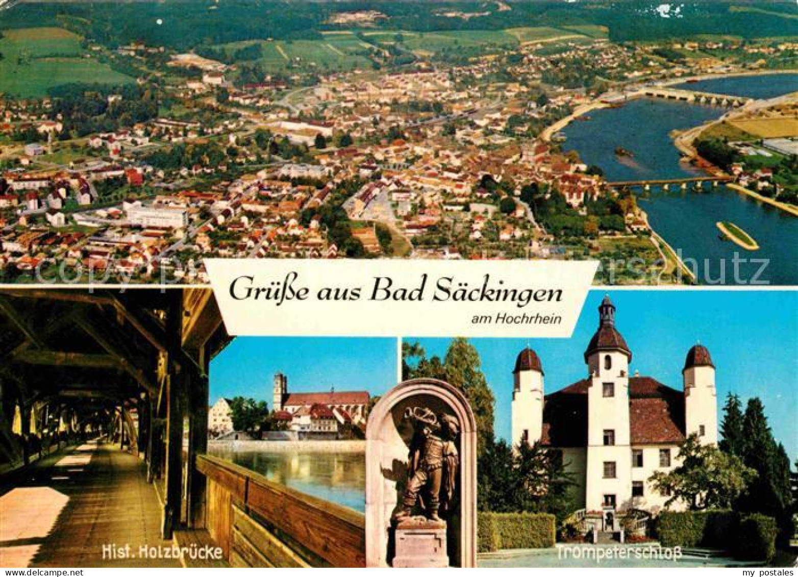 72869682 Bad Saeckingen Fliegeraufnahme Historische Holzbruecke Trompeterschloss - Bad Saeckingen