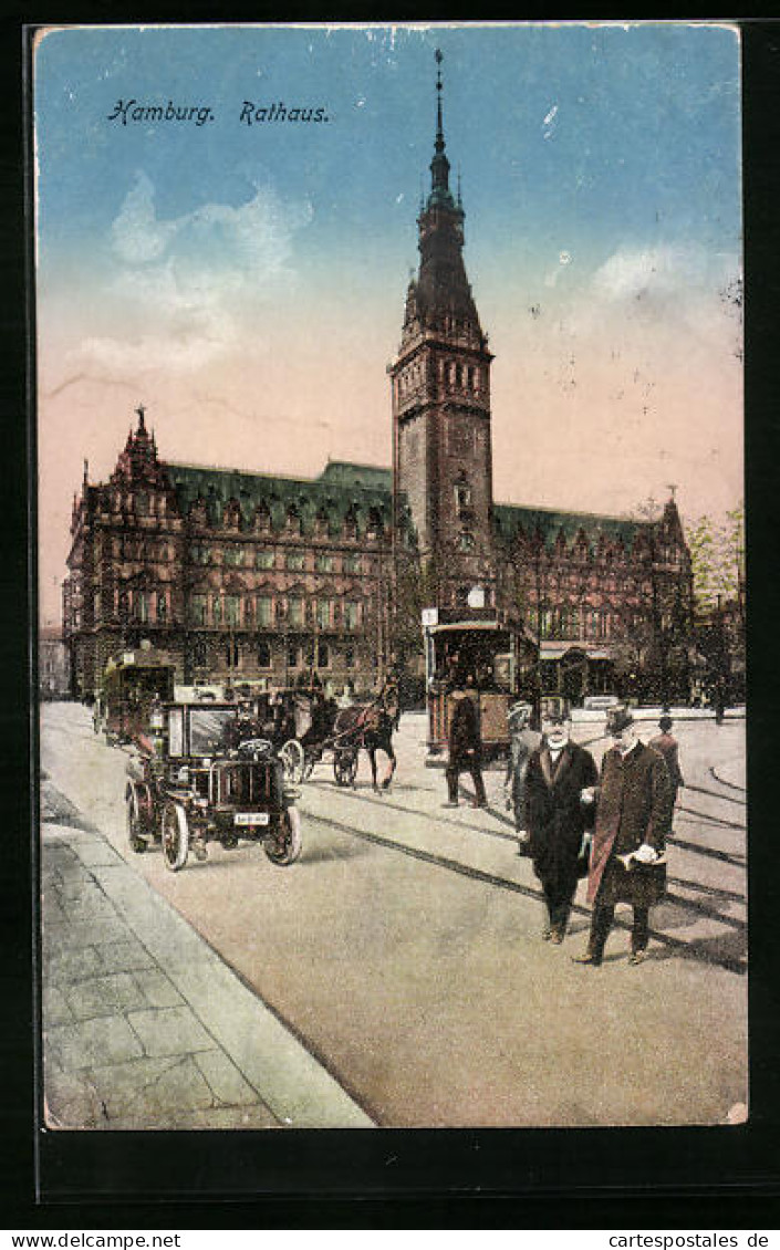 AK Hamburg, Strassenbahn Vor Dem Rathaus, Kutsche, Oldtimer  - Mitte