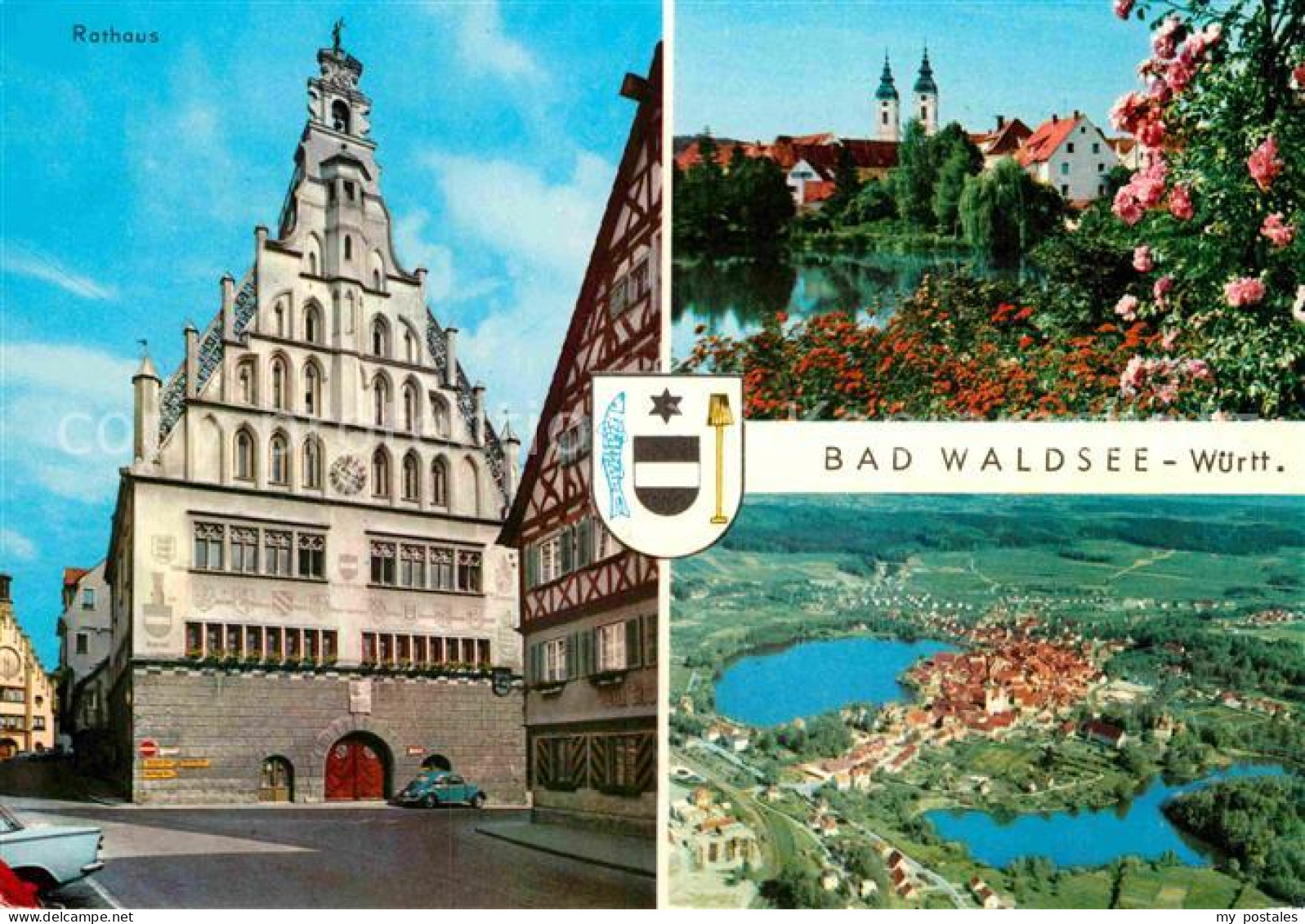 72865421 Bad Waldsee Rathaus Stadtsee Kirche Baumbluete Moorheilbad Fliegeraufna - Bad Waldsee