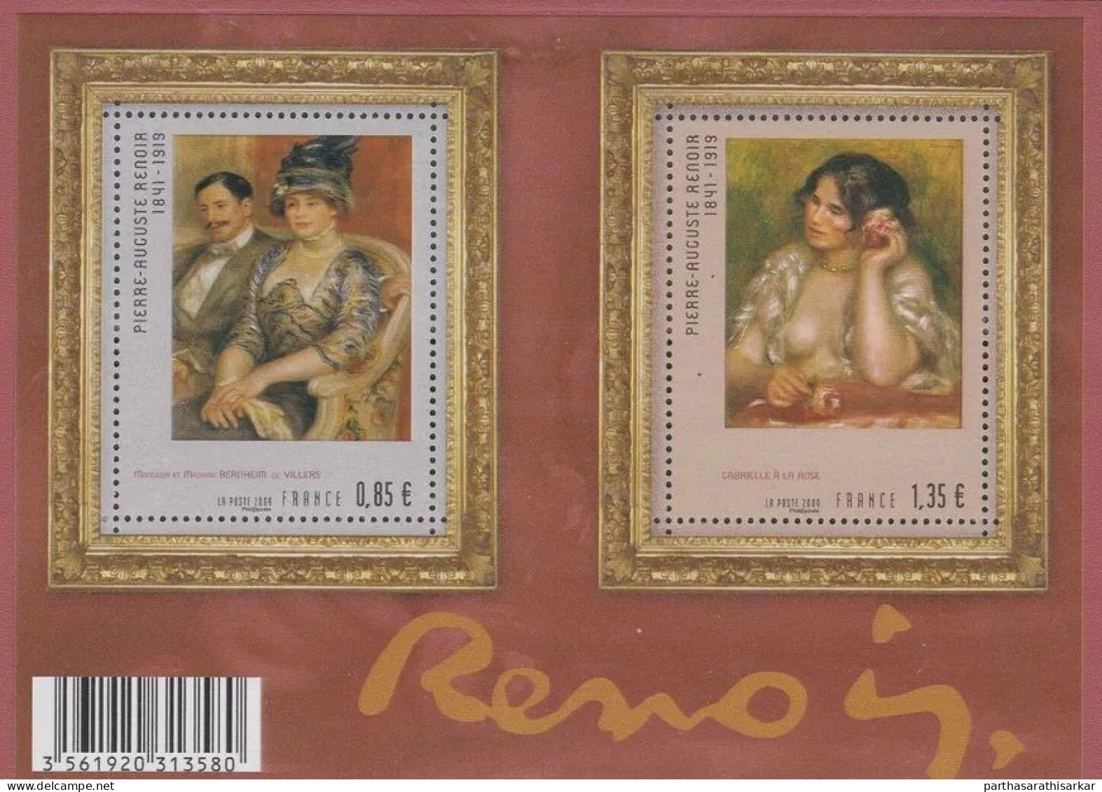 FRANCE 2009 THE 90TH ANNIVERSARY OF THE DEATH OF PIERRE-AUGUSTE RENOIR, 1841-1919 PAINTINGS MINIATURE SHEET MS MNH - Unused Stamps
