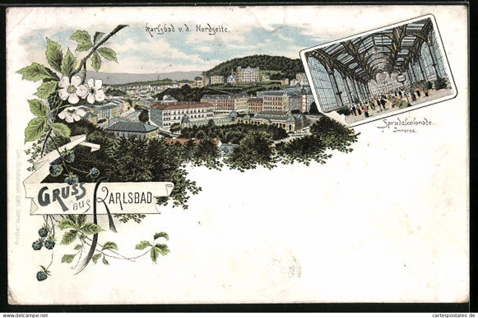 Lithographie Karlsbad, Teilansicht V. D. Nordseite, Sprudelcolonnade Inneres  - Czech Republic