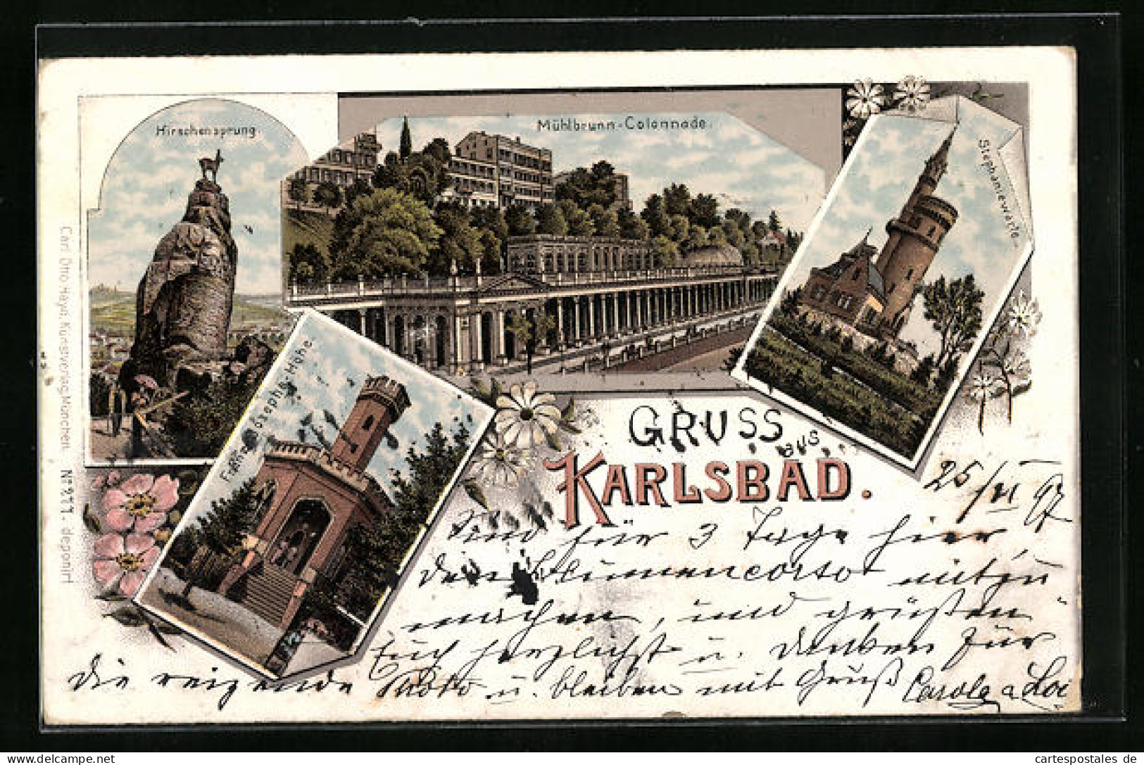 Lithographie Karlsbad, Mühlbrunn-Colonnade, Franz-Josephs-Höhe, Stephaniewarte  - Tchéquie
