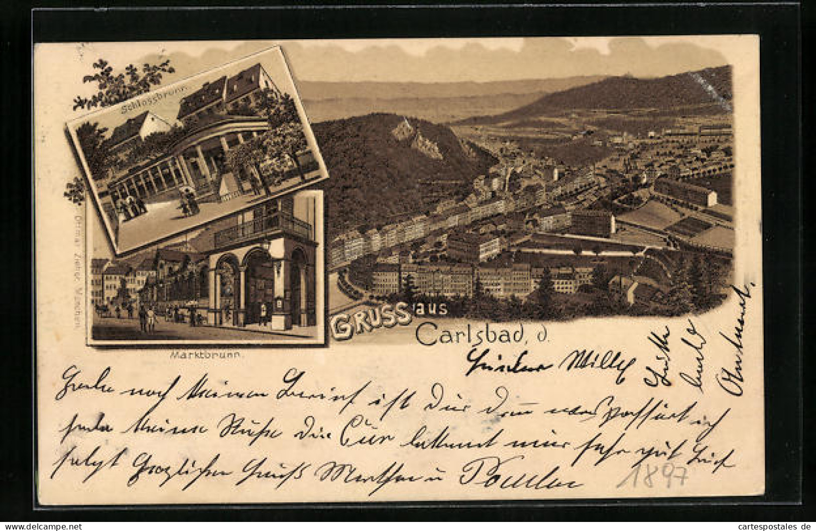 Lithographie Karlsbad, Teilansicht, Schlossbrunn, Marktbrunn  - Tchéquie