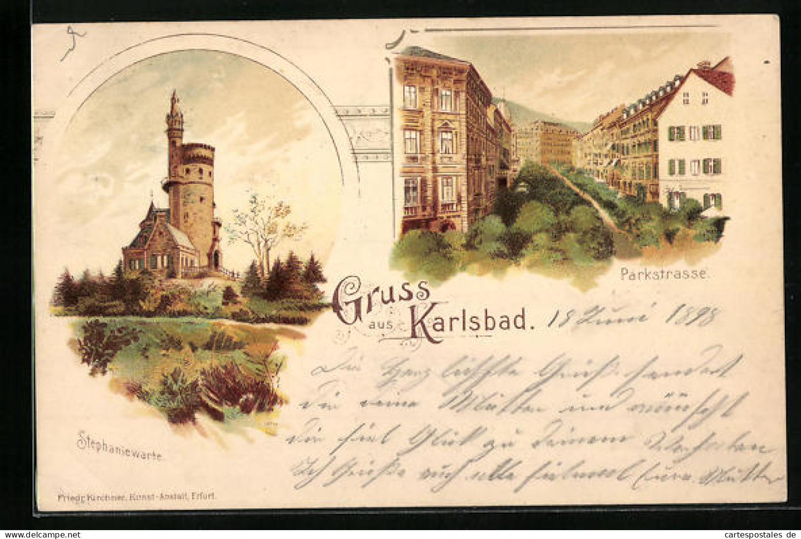 Lithographie Karlsbad, Stephaniewarte, Parkstrasse  - Tchéquie