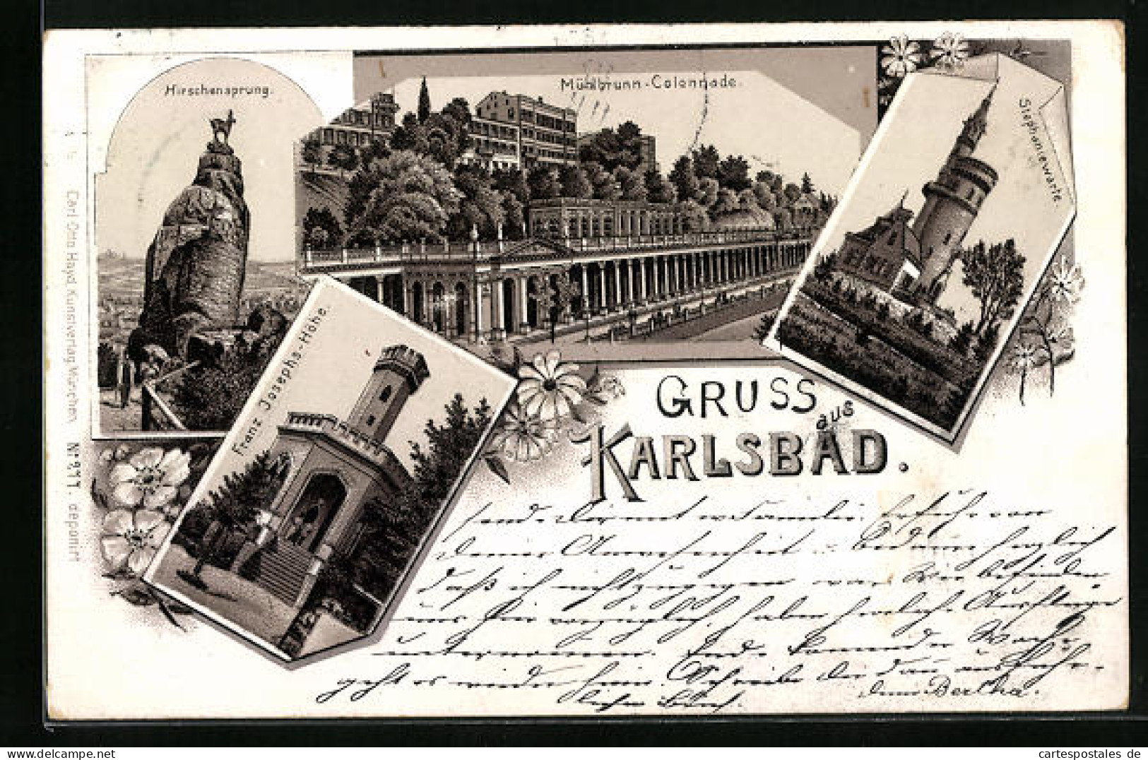 Lithographie Karlsbad, Mühlbrunn-Colonnade, Franz Josephs-Höhe, Hirschensprung  - Tchéquie