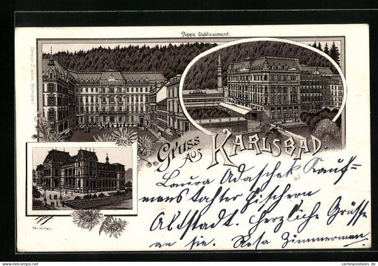 Lithographie Karlsbad, Grandhotel Pupp, Kaiserbad  - Czech Republic