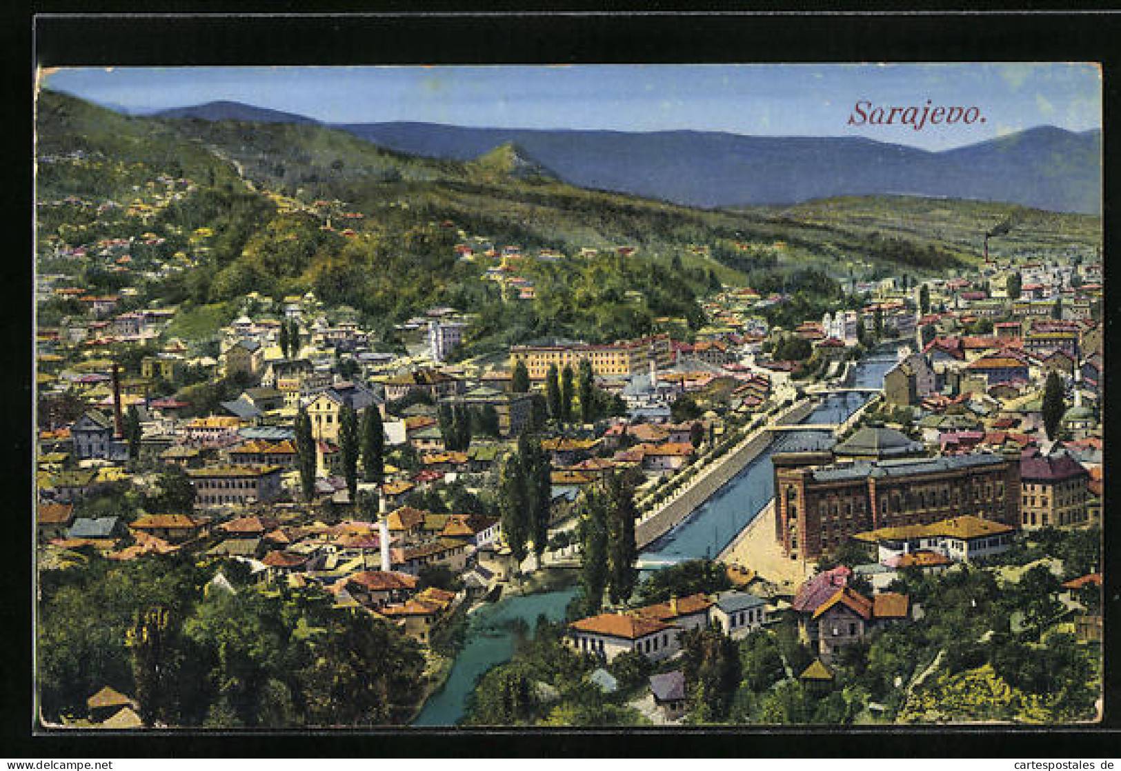 Künstler-AK Sarajevo, Ortsansicht Aus Der Vogelschau  - Bosnia Erzegovina