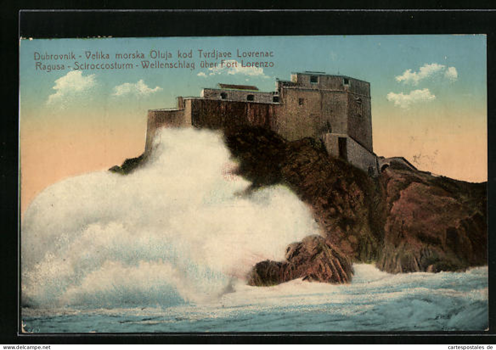 AK Ragusa, Sciroccosturm, Wellenschlag über Fort Lorenzo  - Croazia