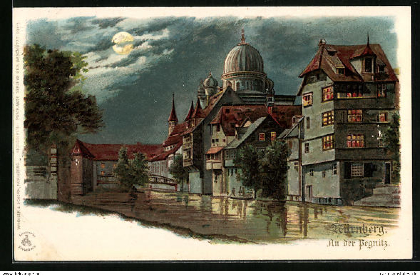 Präge-AK Nürnberg, Synagoge An Der Pegnitz Bei Vollmond  - Jewish