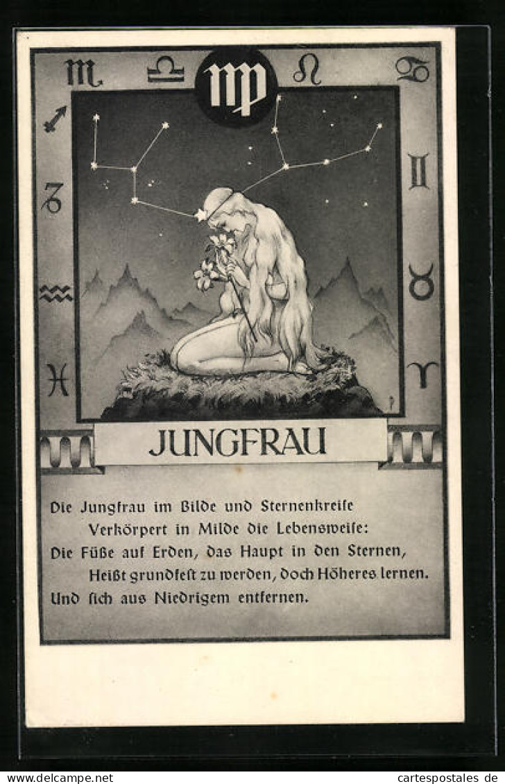 Künstler-AK Sternzeichen Jungfrau, Abbildung, Sternbild Und Text  - Astronomía