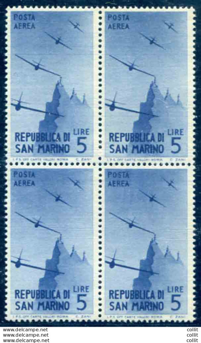 Posta Aerea Lire 5 Azzurro Cupo Quartina Di Ottima Qualità - Unused Stamps