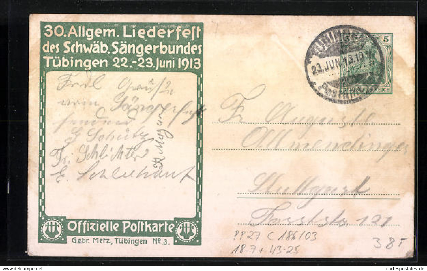 Künstler-AK Ganzsache PP27C186 /03: Tübingen, 30. Allgem. Liederfest Des Schwaäb. Sängerbundes 1913, Komponist Sil  - Briefkaarten