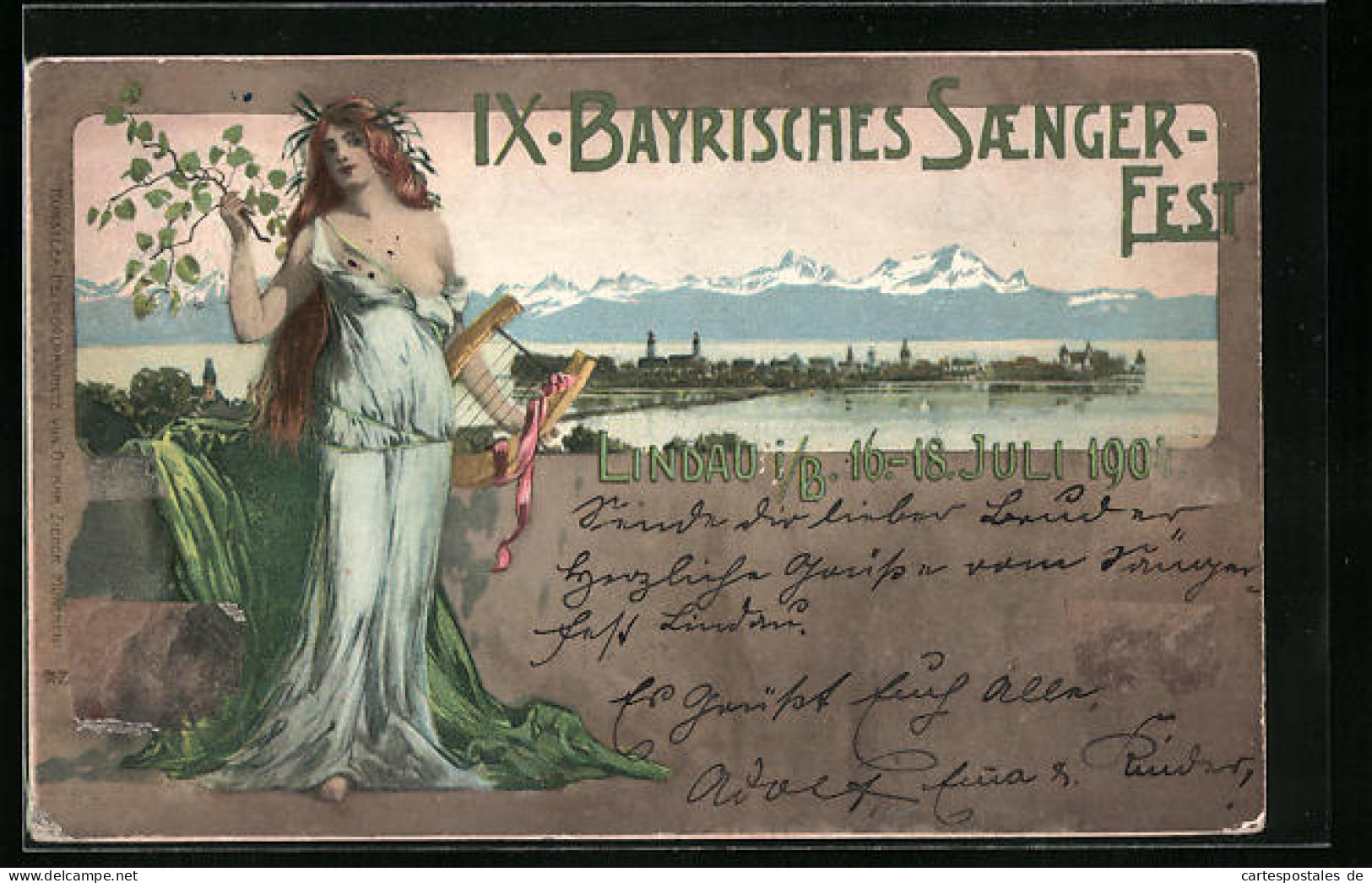 Künstler-AK Ganzsache Bayern PP15C64: Lindau, IX. Bayrisches Sängerfest 1904, Insel Gegen Die Alpen  - Cartoline