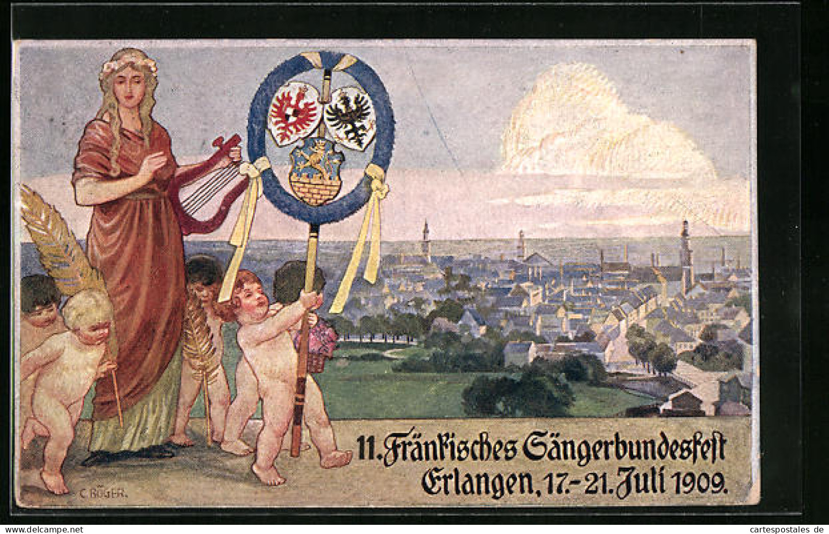 Künstler-AK Ganzsache Bayern PP15C160 /02: Erlangen, 11. Fränkisches Sängerbundesfest 1909  - Cartes Postales