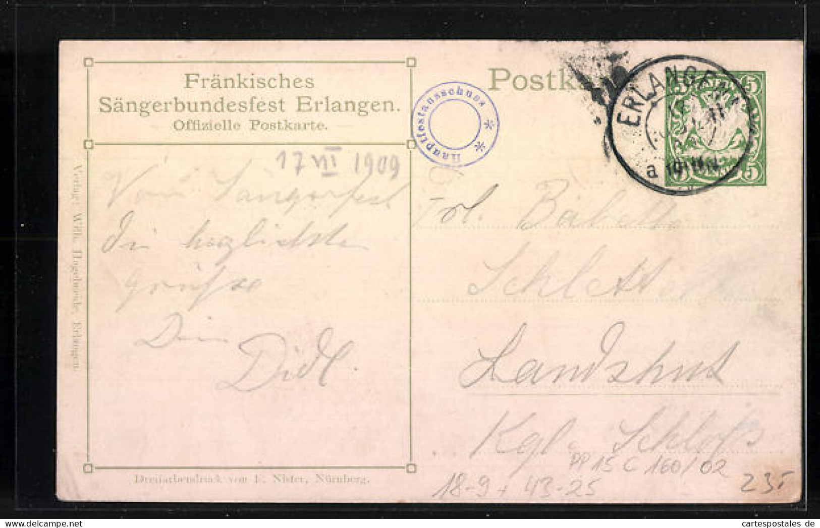 Künstler-AK Ganzsache Bayern PP15C160 /02: Erlangen, 11. Fränkisches Sängerbundesfest 1909  - Briefkaarten