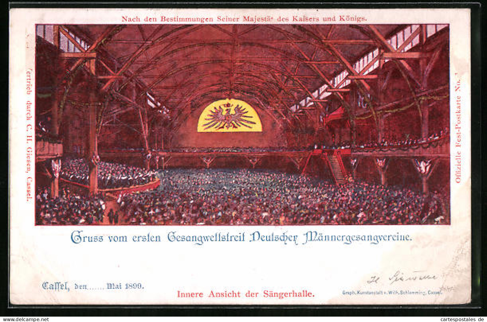 AK Ganzsache PP9C100 /05: Cassel, 1. Gesangwettstreit Deutscher Männergesangvereine, Innenansicht Der Sängerhalle  - Cartoline