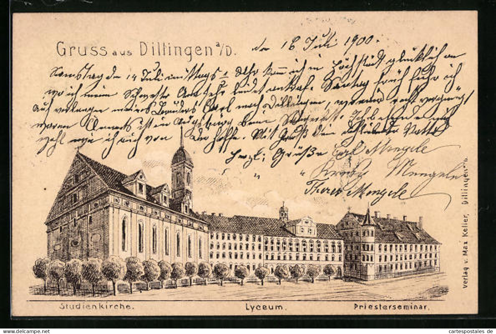 Lithographie Dillingen A. D., Studienkirche, Lyceum Und Priesterseminar  - Dillingen