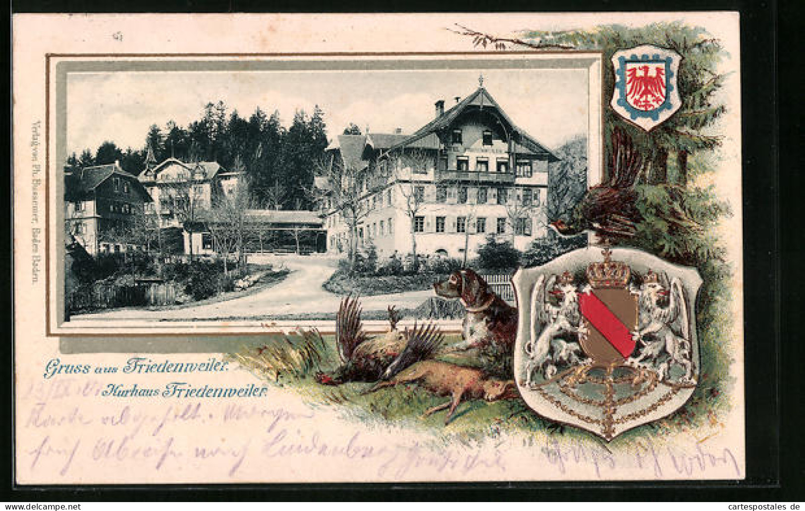 Passepartout-Lithographie Friedenweiler, Kurhaus Friedenweiler, Jagdhund Mit Beute, Wappen  - Sonstige & Ohne Zuordnung