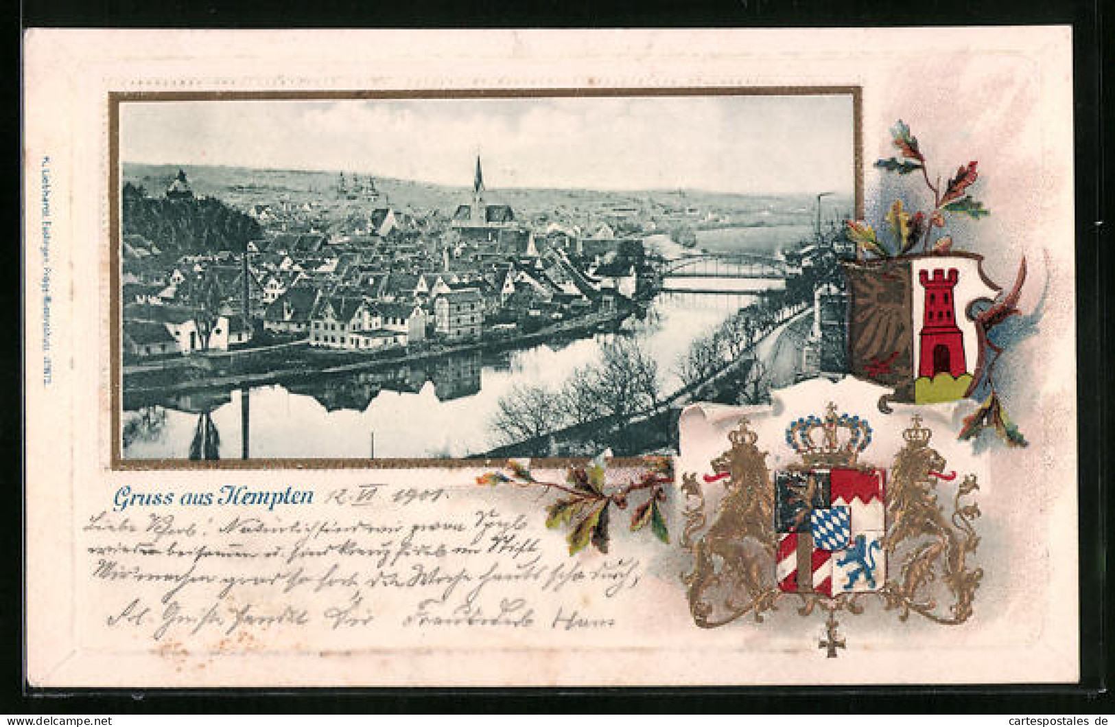 Passepartout-Lithographie Kempten, Ortsansicht, Wappen, Eichenlaub  - Autres & Non Classés