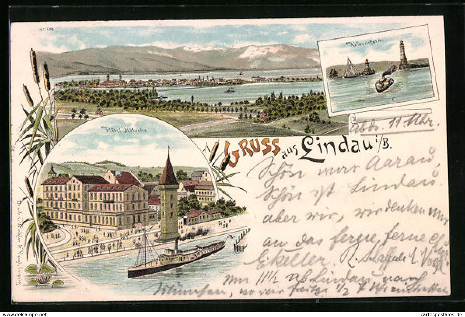 Lithographie Lindau I. B., Ortsansicht Mit Hotel Helvetia Und Hafeneinfahrt  - Lindau A. Bodensee